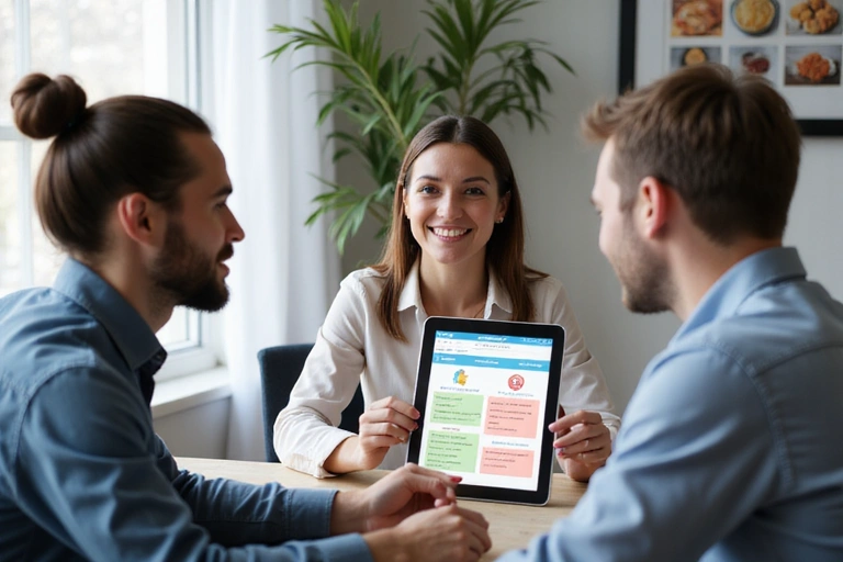 A nutritionist consulting with a client, showing a personalized meal plan on a tablet.
